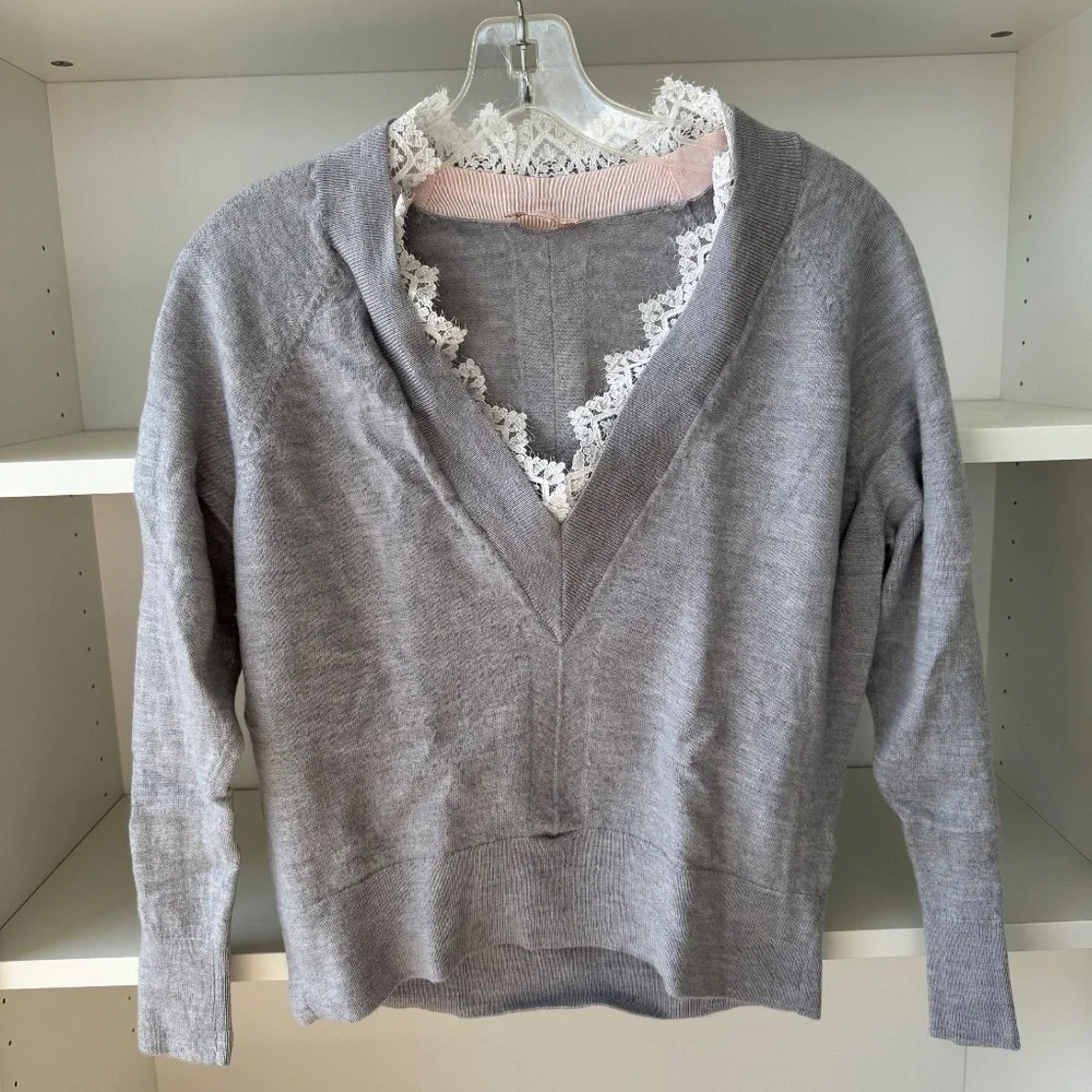 REBECCA TAYLOR Grey Lace Combo Pullover
